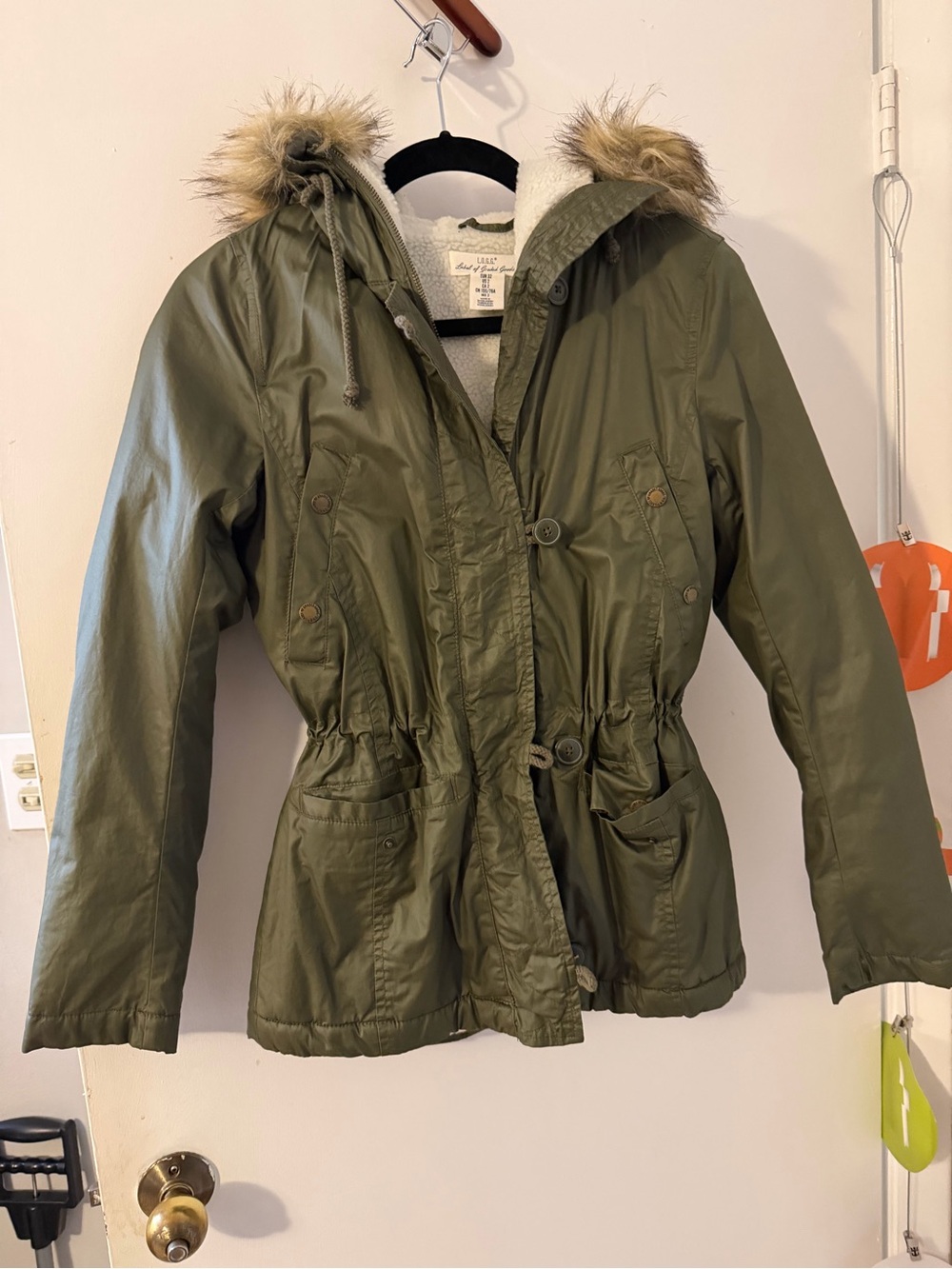 Women's Olive Green Hooded Parka Jacket with Faux Fur Trim Size 2